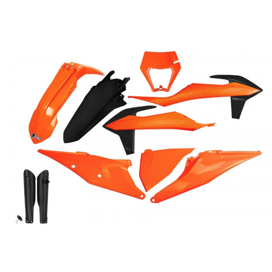 UFO PLASTIKINIS RINKINYS (PILNAS KOMPLEKTAS) SU TELESKOPO (AMORTIZATORIAUS) APSAUGOMIS KTM EXC 125 '20-'21, EXC 250 / 30