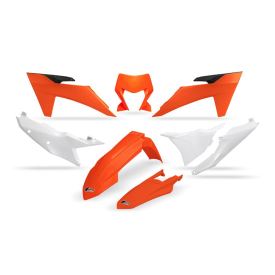 UFO PLASTIC SET KTM EXC 150 / 250 / 300 TBI '24-'25, EXC-F 250 / 350 / 450 / 500 '24-'25 OEM COLOR ORANGE WHITE