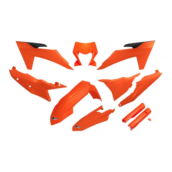 UFO PLASTIKINIS RINKINYS (PILNAS KOMPLEKTAS) SU TELESKOPINĖMIS APSAUGOMIS (AMORTIZATORIAIS) KTM EXC 150 / 250 / 300 TBI 