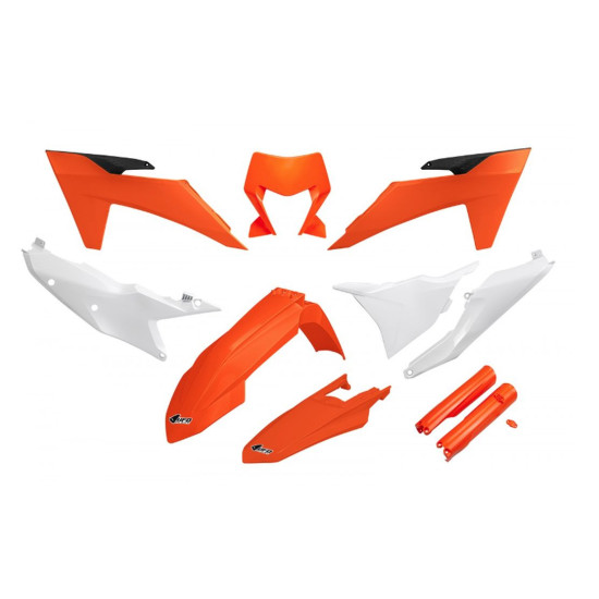UFO PLASTIC SET (FULL KIT) WITH TELESCOPE (SHOCK ABSORBER) PROTECTORS KTM EXC 150 / 250 / 300 TBI '24-'25, EXC-F 250 / 3