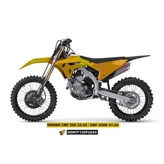 UFO PLASTIKINIS RINKINYS (PILNAS KOMPLEKTAS) SU TELESKOPU (AMORTIZATORIUMI) UŽDENGIA HONDA CRF 250 R '22-'24, CRF 450 R 