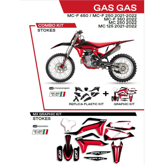 UFO PLASTIKINIS RINKINYS GGKIT702001 PLIUS LIPDUKŲ RINKINYS (LIPDUKA) GAS GAS MC 125 '21-'22 MC 250 '22 MCF 250 / 350 / 