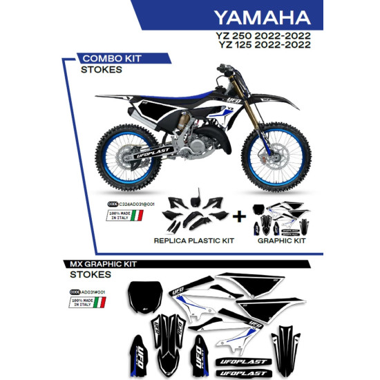 UFO PLASTIKINIS RINKINYS YAKIT324001 PLIUS LIPDUKŲ RINKINYS YAMAHA YZ 125 / 250 '22-'26, ĮSKAITANT PRIEKINĮ NUMERĮ (YA04