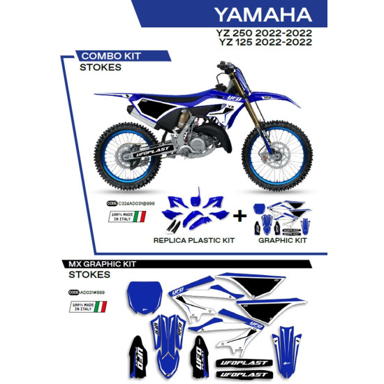 UFO PLASTIKINIS RINKINYS YAKIT324999 PLIUS LIPDUKŲ RINKINYS YAMAHA YZ 125 / 250 '22-'26, ĮSKAITANT PRIEKINĘ PLOKŠTELĘ (Y