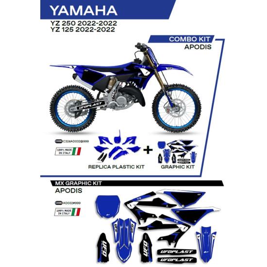UFO PLASTIKINIS RINKINYS YAKIT324999 PLIUS LIPDUKŲ RINKINYS YAMAHA YZ 125 / 250 '22-'26, ĮSKAITANT PRIEKINĘ PLOKSTE (YA0