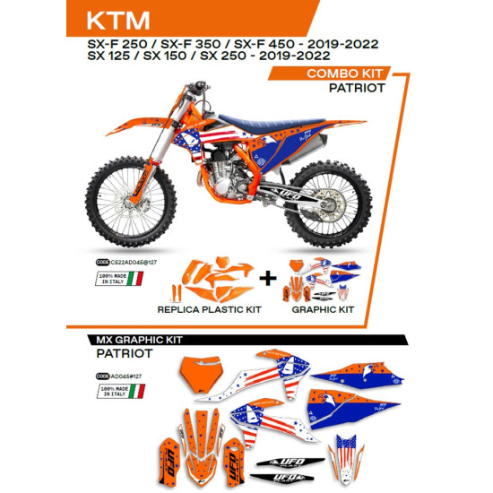 UFO PLASTIKINIS RINKINYS KTKIT522127 PLIUS LIPDUKŲ RINKINYS KTM SX / SXF 125 / 150 / 250 / 350 / 450 '19-'22 SU PRIEKINE