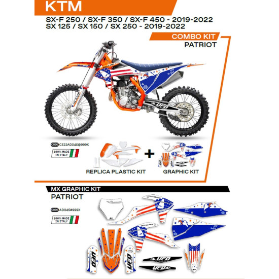 UFO PLASTIKINIS RINKINYS KTKIT522999X PLUS LIPDUKŲ RINKINYS KTM SX / SXF 125 / 150 / 250 / 350 / 450 '19-'22 SU PRIEKINE