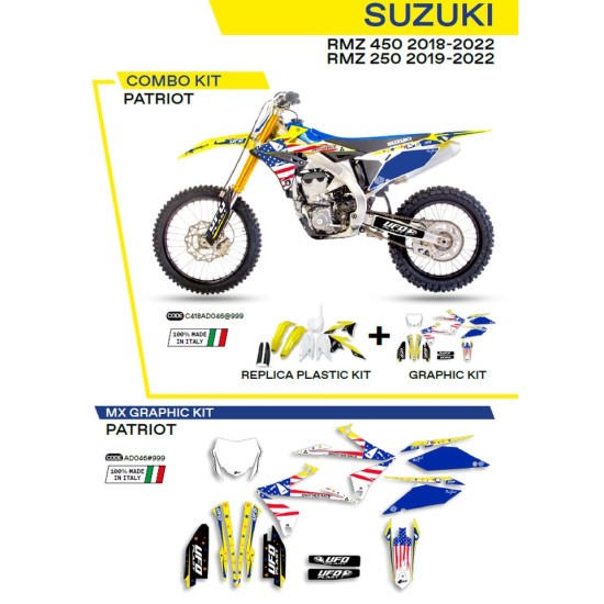 UFO PLASTIC SET SUKIT418999 PLUS DECALS (WRAPS) SET SUZUKI RMZ 250 '19-'22 RMZ 450 '18-'22 INCLUDES FRONT PLATE (SU04943