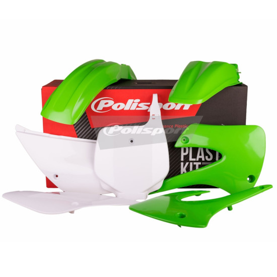 POLISPORT PLASTIC SET KAWASAKI KX 85 '99-'13 KX 100 / 112 '99-'13 INCLUDES FRONT PLATE (8662900002) COLOR GREEN WHITE OE