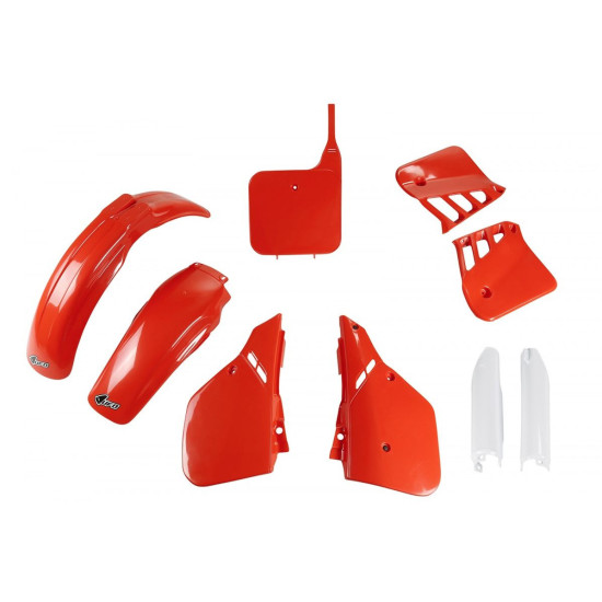 UFO PLASTIC SET (FULL KIT) WITH TELESCOPE (SHOCK ABSORBER) COVERS HONDA CR 250 '87 OEM COLOR (RED) (HO093E999)