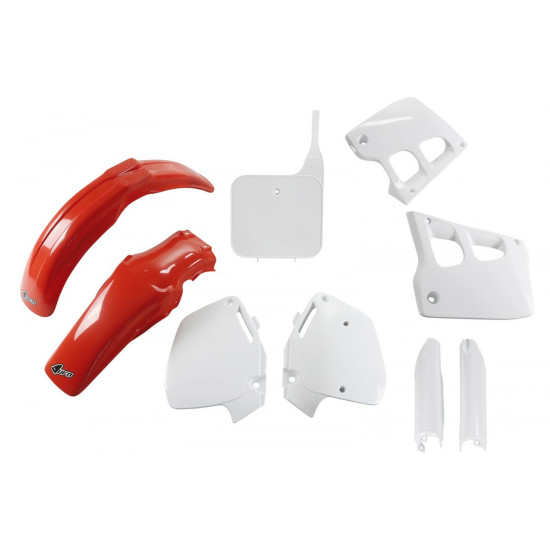 UFO PLASTIC SET (FULL KIT) WITH TELESCOPE (SHOCK ABSORBER) COVERS HONDA CR 125 '91-'92, CR 250 '90-'91, OEM COLOR (RED /