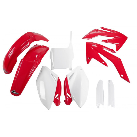 UFO PLASTIC SET (FULL KIT) WITH TELESCOPE (SHOCK ABSORBER) COVERS HONDA CRF 250R '04-'05 OEM COLOR (RED / WHITE) (HO104E