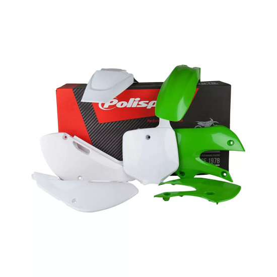 POLISPORT PLASTIKINIS RINKINYS KAWASAKI KX 65 '00-'25 SU PRIEKINE PLOKŠTELE (8661500010) SPALVA ŽALIA BALTA