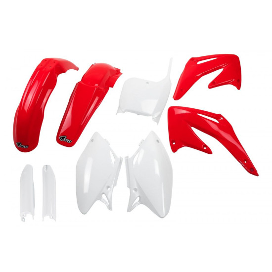 UFO PLASTIC SET (FULL KIT) WITH TELESCOPE (SHOCK) COVERS HONDA CRF 450 R '02-'03 OEM COLOR (RED / WHITE) (HO106E999)