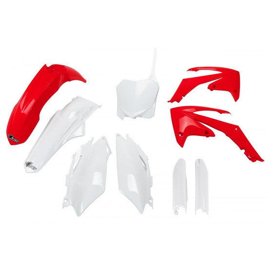 UFO PLASTIC SET (FULL KIT) WITH TELESCOPE (SHOCK) GUARDS HONDA CRF 250R '11-'13, CRF 450R '11-'12 OEM COLOR (RED / WHITE