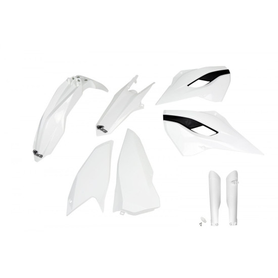 UFO PLASTIKINIS RINKINYS (PILNAS KOMPLEKTAS) SU TELESKOPINĖMIS APSAUGOMIS (AMORTIZATORIAIS) HUSQVARNA TE / FE 125 / 250 
