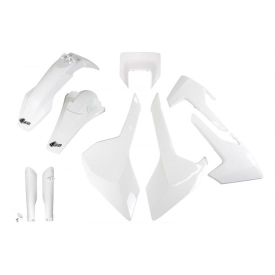 UFO PLASTIC SET (FULL KIT) WITH TELESCOPIC COVERS (SHOCK ABSORBERS) HUSQVARNA TX / TE / FE '17-'19 WITH LAMP COVER WHITE