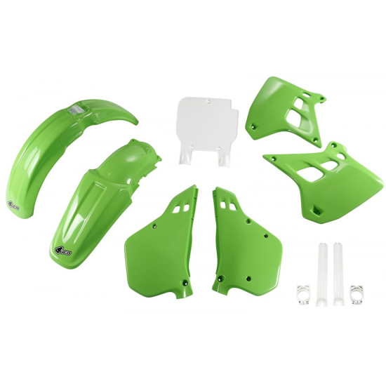 UFO PLASTIKINIS RINKINYS (PILNAS) SU TELESKOPINIAIS (AMORTIZATORIAUS) DANGTELIAIS KAWASAKI KX 250 '90-'91, ORIGINALI SPA