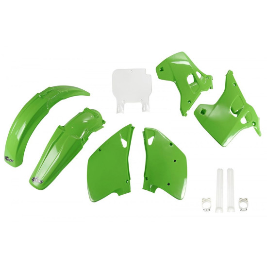 UFO PLASTIC SET (FULL KIT) WITH TELESCOPE (SHOCK ABSORBER) COVERS KAWASAKI KX 125 / 250 '93 OEM COLOR (GREEN / WHITE) (K