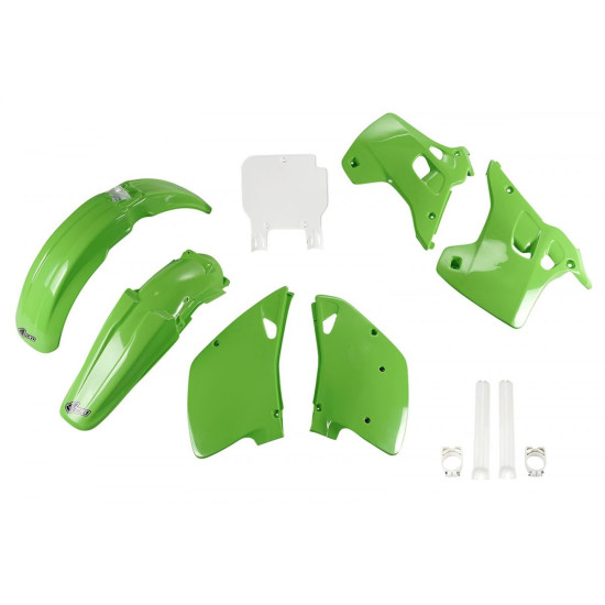 UFO PLASTIC SET (FULL KIT) WITH TELESCOPE (SHOCK ABSORBER) COVERS KAWASAKI KX 125 / 250 '92 OEM COLOR (GREEN / WHITE) (K