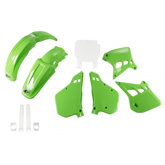 UFO PLASTIC SET (FULL KIT) WITH TELESCOPE (SHOCK ABSORBER) COVERS KAWASAKI KX 125 '90-'91, OEM COLOR (GREEN / WHITE) (KA