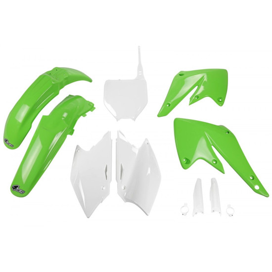 UFO PLASTIC SET (FULL KIT) WITH TELESCOPE (SHOCK ABSORBER) COVERS KAWASAKI KXF 250 '04-'05 OEM COLOR (GREEN / WHITE) (KA