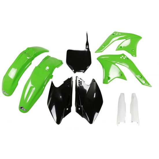 UFO PLASTIC SET (FULL KIT) WITH TELESCOPE (SHOCK ABSORBER) COVERS KAWASAKI KXF 250 '08 OEM COLOR (GREEN / BLACK) (KA210E