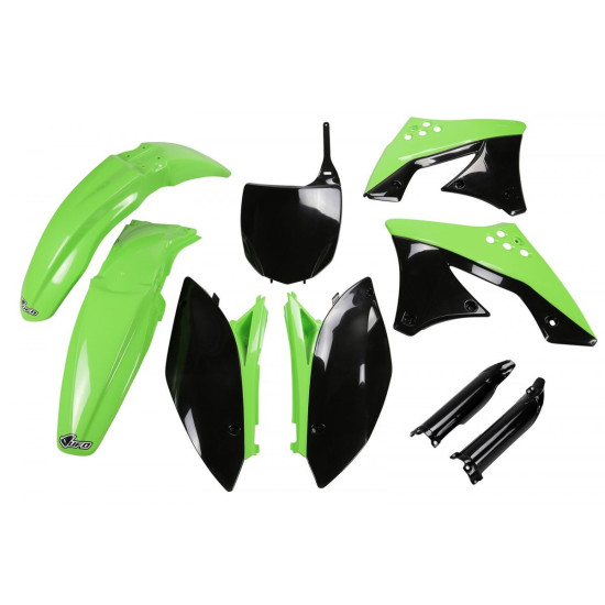 UFO PLASTIC SET (FULL KIT) WITH TELESCOPE (SHOCK ABSORBER) COVERS KAWASAKI KXF 250 '09-'12 OEM COLOR (GREEN / BLACK) (KA