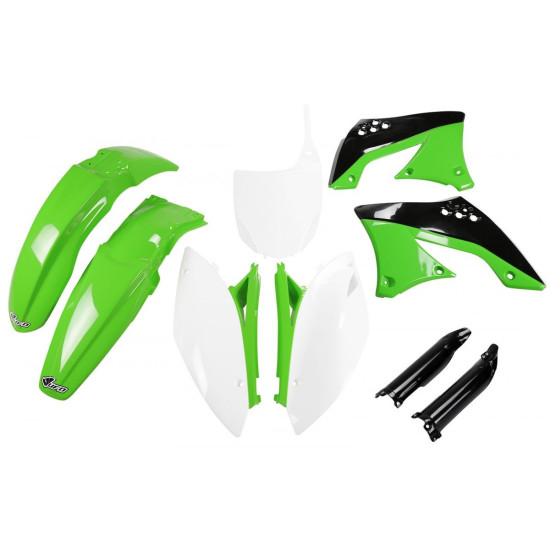 UFO PLASTIC SET (FULL KIT) WITH TELESCOPE (SHOCK) COVERS KAWASAKI KXF 450 '09-'11 OEM COLOR '10-'11 (GREEN / WHITE / BLA