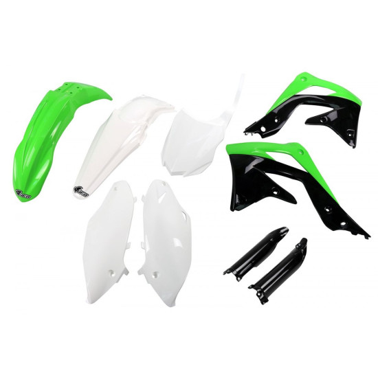 UFO PLASTIC SET (FULL KIT) WITH TELESCOPE (SHOCK ABSORBER) COVERS KAWASAKI KXF 450 '13-'15 OEM COLOR (GREEN / WHITE / BL