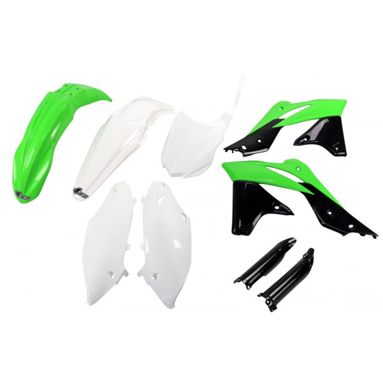 UFO PLASTIC SET (FULL KIT) WITH TELESCOPE (SHOCK ABSORBER) COVERS KAWASAKI KXF 250 '13-'16 OEM COLOR '14-'15 (GREEN / WH