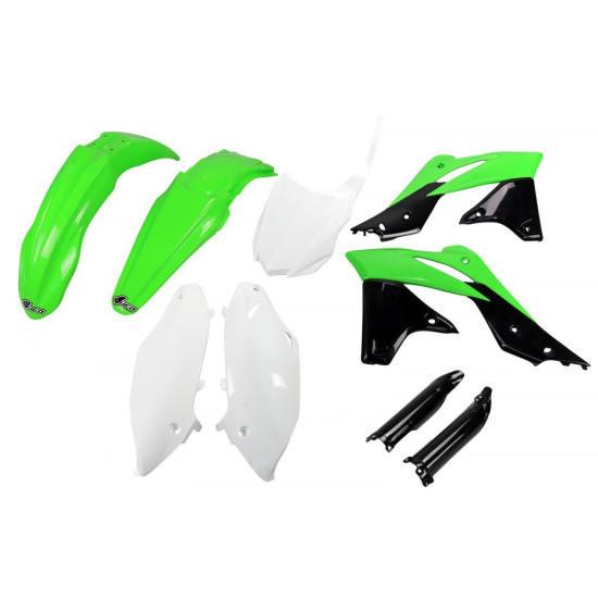 UFO PLASTIC SET (FULL KIT) WITH TELESCOPE (SHOCK ABSORBER) COVERS KAWASAKI KXF 250 '13-'16 OEM COLOR '16 (GREEN / WHITE 
