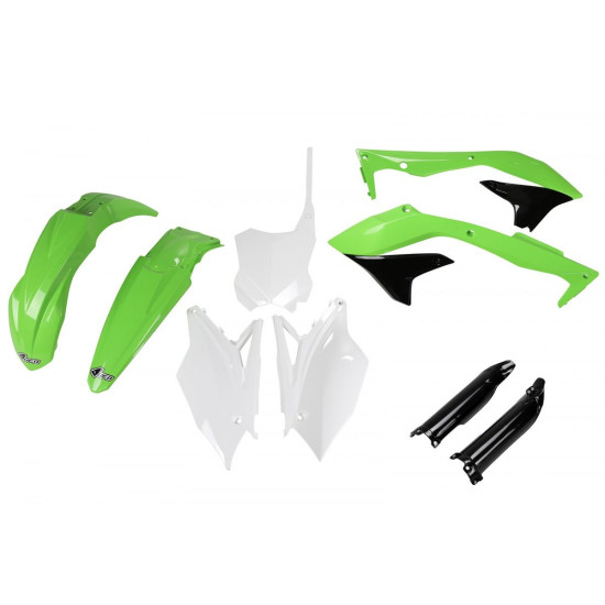 UFO PLASTIC SET (FULL KIT) WITH TELESCOPE (SHOCK ABSORBER) COVERS KAWASAKI KXF 450 '16-'17 OEM COLOR (GREEN / WHITE / BL