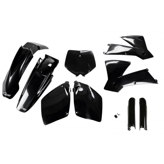 UFO PLASTIC SET (FULL KIT) WITH TELESCOPE (SHOCK ABSORBER) COVERS KTM SX-SXF '01-'02 BLACK