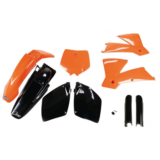 UFO PLASTIKINIS RINKINYS (PILNAS KOMPLEKTAS) SU TELESKOPINIU (AMORTIZATORIUMI) DANGTELIAIS KTM SX-SXF '01-'02 OEM SPALVA