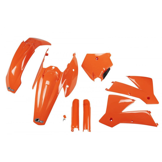 UFO PLASTIC SET (FULL KIT) WITH TELESCOPE (SHOCK ABSORBER) COVERS KTM SX / EXC '03-'04 ORANGE (KT502E127)