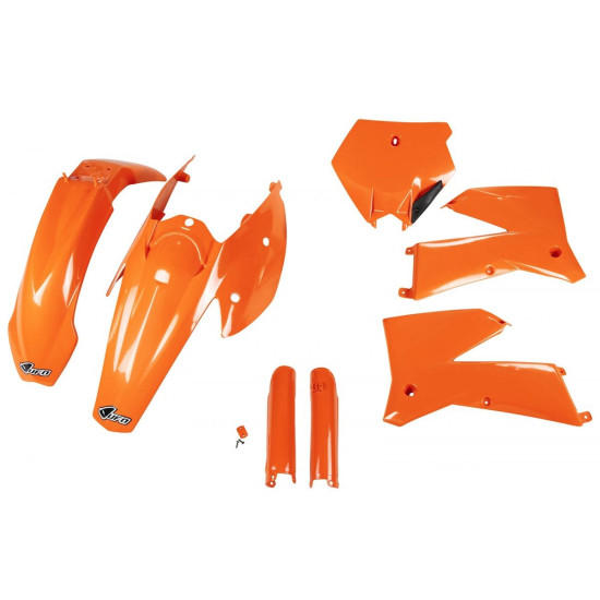 UFO PLASTIKINIS RINKINYS (PILNAS KOMPLEKTAS) SU TELESKOPU (AMORTIZATORIUMI) DANGTELIAIS KTM SX / SXF '05-'06 OEM SPALVA 