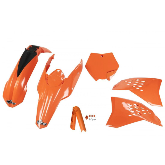 UFO PLASTIC SET (FULL KIT) WITH TELESCOPE (SHOCK ABSORBER) COVERS KTM SX / SXF '07-'10 ORANGE