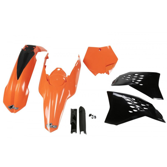 UFO PLASTIC SET (FULL KIT) WITH TELESCOPE (SHOCK ABSORBER) COVERS KTM SX / SXF '07-'10 OEM COLOR (ORANGE / BLACK) (KT506
