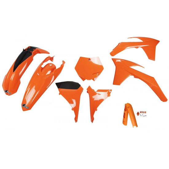 UFO PLASTIC SET (FULL KIT) WITH TELESCOPE (SHOCK ABSORBER) COVERS KTM SXF '11-'12, SX '12 ORANGE (KT510E127)