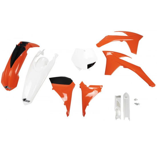 UFO PLASTIC SET (FULL KIT) WITH TELESCOPE (SHOCK ABSORBER) COVERS KTM SXF '11-'12, SX '12 OEM COLOR (ORANGE / WHITE) (KT