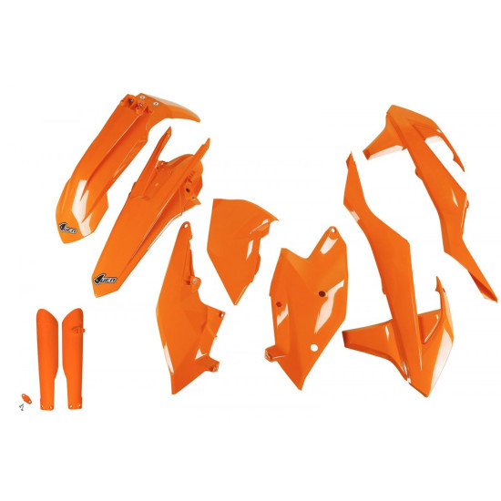 UFO PLASTIKINIS RINKINYS (PILNAS) SU TELESKOPINIU (AMORTIZATORIUMI) DANGTELIAIS KTM EXC / EXC-F TPI '17-'19, ORANŽINIS (