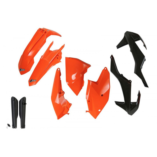 UFO PLASTIC SET (FULL KIT) WITH TELESCOPE (SHOCK) GUARDS KTM EXC / EXC-F TPI '17-'19, COLOR OEM '17 AND '19 OEM (ORANGE 