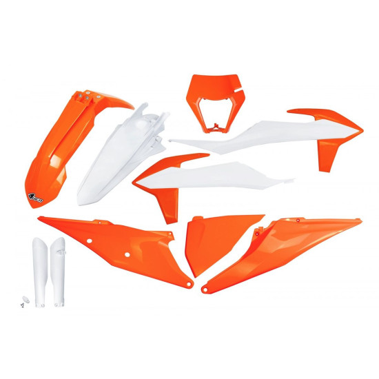 UFO PLASTIKINIS RINKINYS (PILNAS KOMPLEKTAS) SU TELESKOPO (AMORTIZATORIAUS) APSAUGOMIS KTM EXC 125 '20-'21, EXC 250 / 30