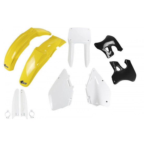 UFO PLASTIC SET (FULL KIT) WITH TELESCOPE (SHOCK ABSORBER) COVERS SUZUKI RM 125 '96-'98 OEM COLOR (YELLOW / WHITE / BLAC