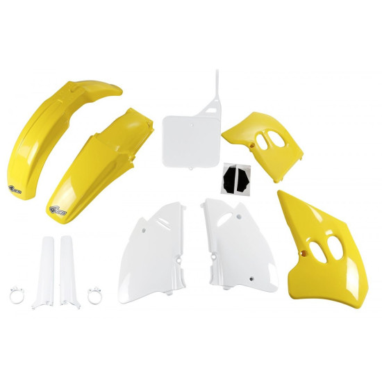 UFO PLASTIKINIS RINKINYS (PILNAS KOMPLEKTAS) SU TELESKOPINIU (AMORTIZATORIUMI) DANGTELIAIS SUZUKI RM 125 '94-'95, RM 250