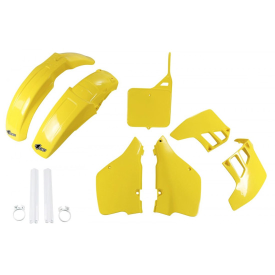 UFO PLASTIC SET (FULL KIT) WITH TELESCOPE (SHOCK ABSORBER) COVERS SUZUKI RM 125 '89-'91 OEM COLOR (YELLOW) (SU399E999)