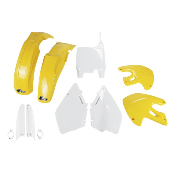 UFO PLASTIC SET (FULL KIT) WITH TELESCOPIC COVERS (SHOCK ABSORBERS) SUZUKI RM 125 / 250 '99-'00 OEM COLOR (WHITE / YELLO