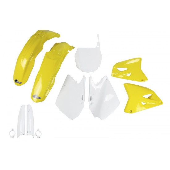 UFO PLASTIKINIS RINKINYS (PILNAS KOMPLEKTAS) SU TELESKOPINIU (AMORTIZATORIUMI) DANGTELIAIS SUZUKI RM 125 '01-'22, RM 250