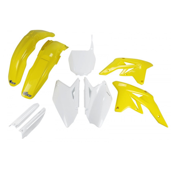 UFO PLASTIC SET (FULL KIT) WITH TELESCOPIC COVERS (SHOCK ABSORBERS) SUZUKI RMZ 250 '07-'09 OEM COLOR (WHITE / YELLOW - W